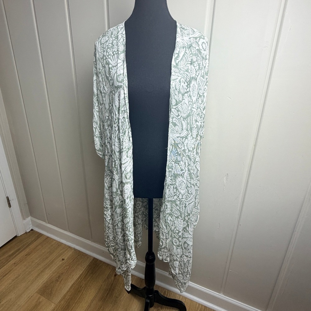 Moss Rose Sage Green Floral Paisley Kimono Wrap One Size Open Front Coverup